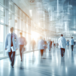 Busy hospital corridor with diverse doctors in motion suitable for medical and healthcare services