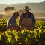 Two farmers working on a farm under morning sunlight.
