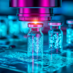 Microscope focusing on glowing data filled vials on a smart lab interface, conveying precision medicine, automated research, and pharmaceutical innovation powered by analytics.