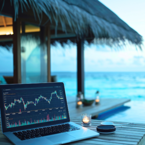 businessman on laptop reviewing resort financials.