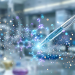Hand holding laboratory pipette with glowing digital network connections representing scientific research and biotechnology innovation in modern lab setting.