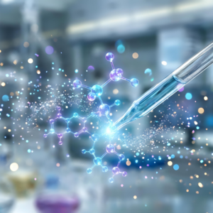 Hand holding laboratory pipette with glowing digital network connections representing scientific research and biotechnology innovation in modern lab setting.