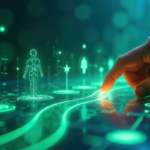 Hand touches glowing digital screen showing medical pathway with human icon and health symbols.