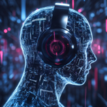 AI-generated music on an abstract techno background. The concept of artificial intelligence in programming and the Internet.