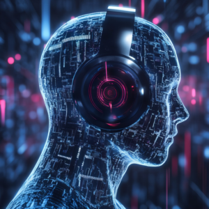 AI-generated music on an abstract techno background. The concept of artificial intelligence in programming and the Internet.