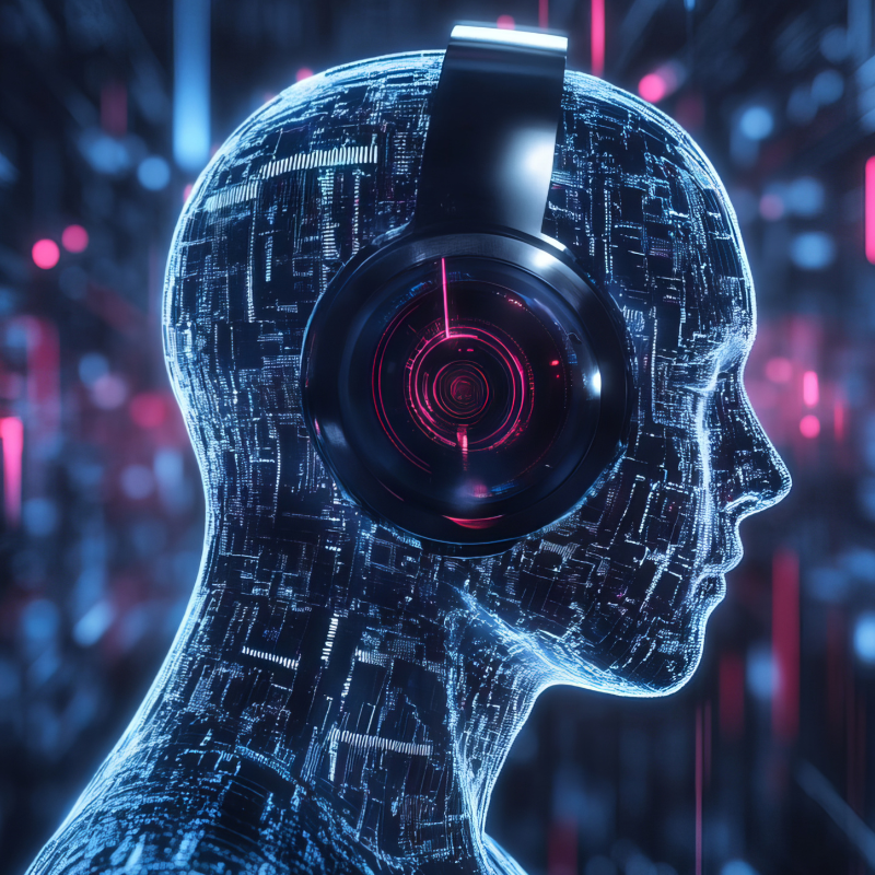AI-generated music on an abstract techno background. The concept of artificial intelligence in programming and the Internet.