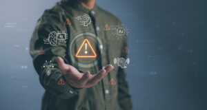 Man presenting alert symbol with artificial intelligence icons, representing AI ethics, system failure, data risk, security issues and responsible technology management
