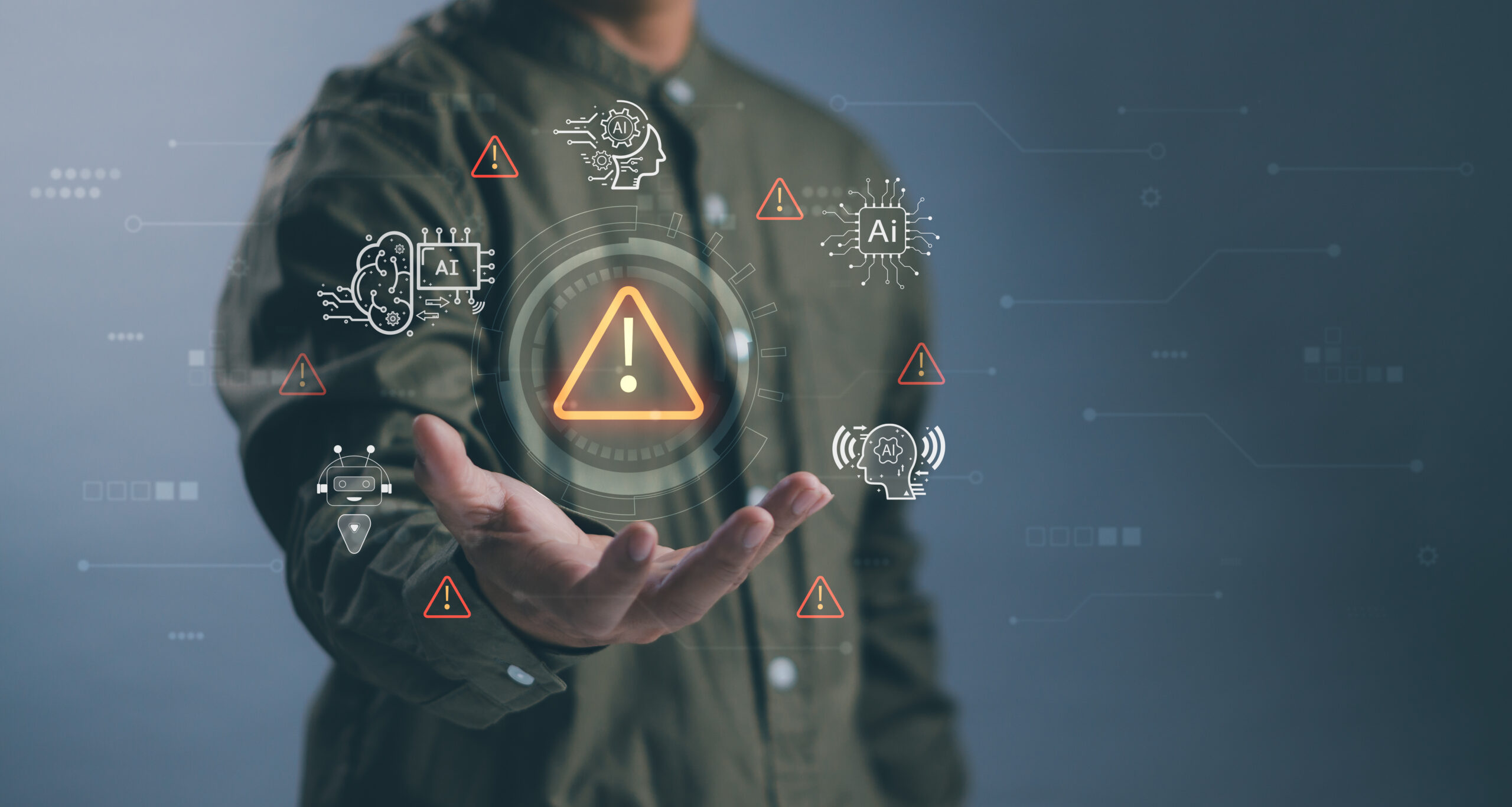 Man presenting alert symbol with artificial intelligence icons, representing AI ethics, system failure, data risk, security issues and responsible technology management