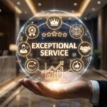 Exceptional customer service concept in a luxury hotel,showcasing icons for client satisfaction, quality assurance