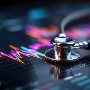 A stethoscope rests over a chart with fluctuating colorful data lines, suggesting health/financial