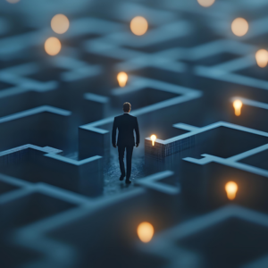 businessman navigating a maze representing business decisions and challenges.