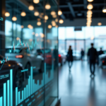 interior of a car dealership with financial charts in the background