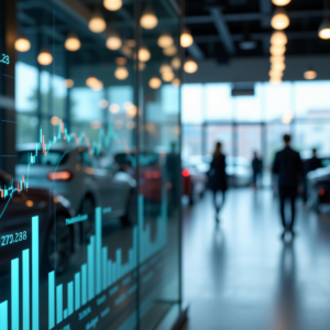 interior of a car dealership with financial charts in the background