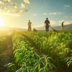 farmers in a cannabis field at sunset