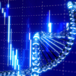 Multi Exposure of science molecular DNA ring model structure and candle stick graph chart under blue background.