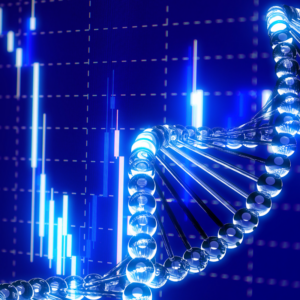 Multi Exposure of science molecular DNA ring model structure and candle stick graph chart under blue background.