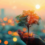 a tree growing out of a persons hands with a sunset in the background