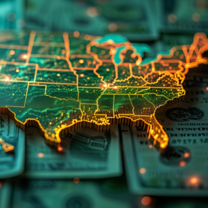 United States Map on dollar sign background - tax - money - spending