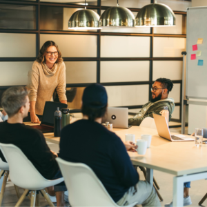 Creative business team: Boardroom brainstorming with a scrum master.