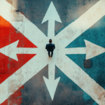 businessman standing in the middle of four different paths