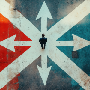 businessman standing in the middle of four different paths