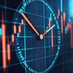 A digital clock overlays a financial chart, showcasing stock market movements with vibrant colors, symbolizing time-sensitive trading decisions.