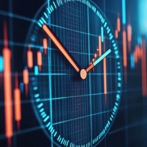 A digital clock overlays a financial chart, showcasing stock market movements with vibrant colors, symbolizing time-sensitive trading decisions.