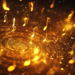 Captivating 3D music notes swirling in a golden cosmic background with a mesmerizing light effect.