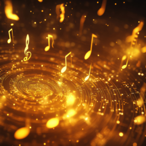Captivating 3D music notes swirling in a golden cosmic background with a mesmerizing light effect.
