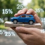 Hands holding toy car on cash stack. Auto loan concept with percentage discount rates.