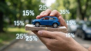 Hands holding toy car on cash stack. Auto loan concept with percentage discount rates.