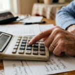 Senior woman calculating household expenses. Elderly person managing budget and finances.