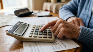 Senior woman calculating household expenses. Elderly person managing budget and finances.