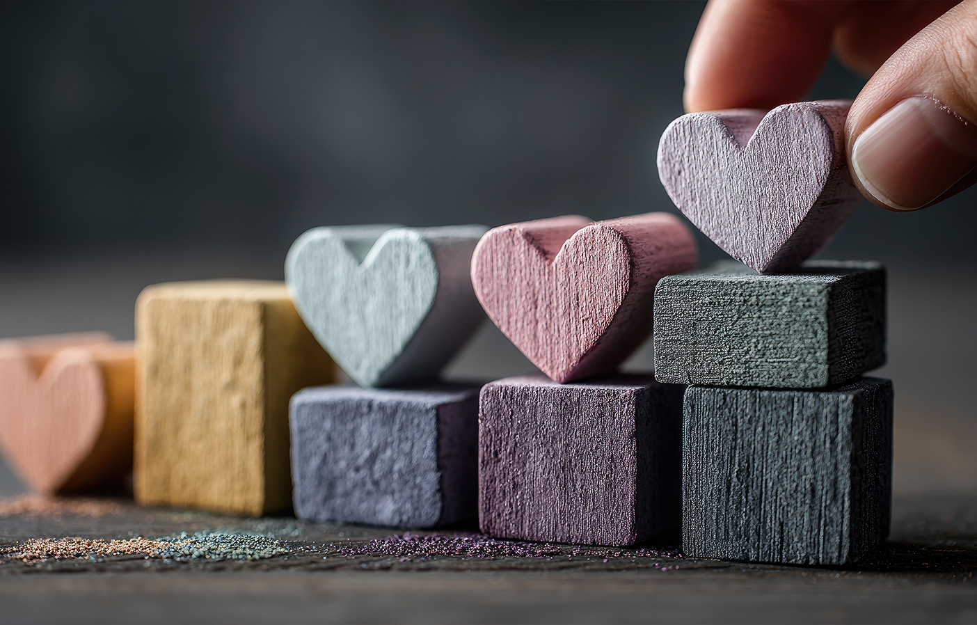 Hearts on various sized blocks representing steps or processes in nonprofits