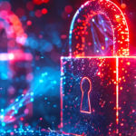 Digital padlock with glowing edges on a dynamic abstract background, embodies cybersecurity concept.