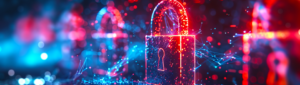 Digital padlock with glowing edges on a dynamic abstract background, embodies cybersecurity concept.