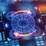 Gears icon on a digital display with reflection. Concept of business process workflow.