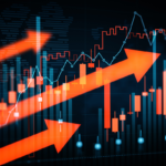 Dynamic financial trading chart with rising red arrows depicting inflation.