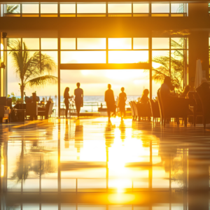 a resort lobby overlooking the beach at sunset.
