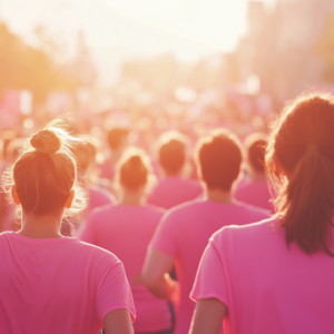 group of people in pink shirts walking for a charity organization event.
