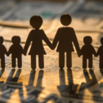 Family budget concept. Paper family cut-out figures standing on dollars banknotes.