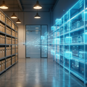 Digital interface overlaid on a warehouse archive with boxes and shelves.