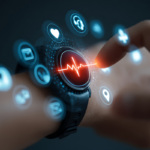 Person touching smart watch displaying heart rate and health icons wrist finger