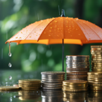 Stacks of gold and silver coins protected under a bright orange umbrella during a rainstorm, symbolizing financial security and wealth preservation