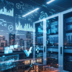 Data center servers with cityscape view. Financial graph and dashboard interface over blur city.