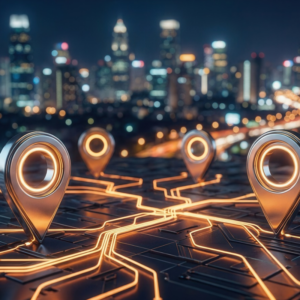 city skyline with location pins