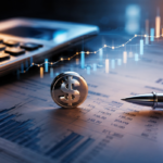 Financial analysis concept with calculator, charts, dollar symbol, and rising graph, representing growth.