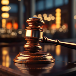Judge's Gavel. Wooden gavel on a wooden background.