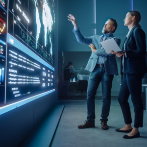 two cybersecurity professionals reviewing a security dashboard.