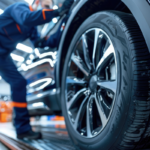 auto mechanic at a dealership replacing a tire